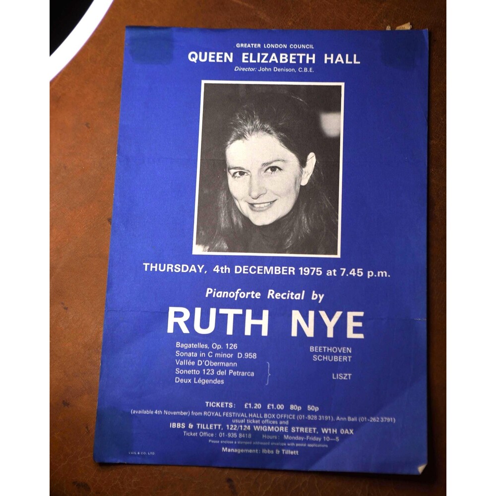 1975 Ruth Nye Pianoforte Recital Poster Queen Elizabeth Hall London | Beethoven